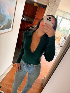 AFRM Emerald Ribbed Collared Long Sleeve Crop